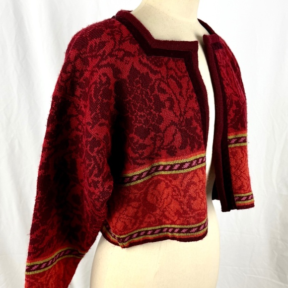 Oleana Norwegian Story Sweater M/L Red Orange Floral Wool Cropped Cardigan - Picture 9 of 13